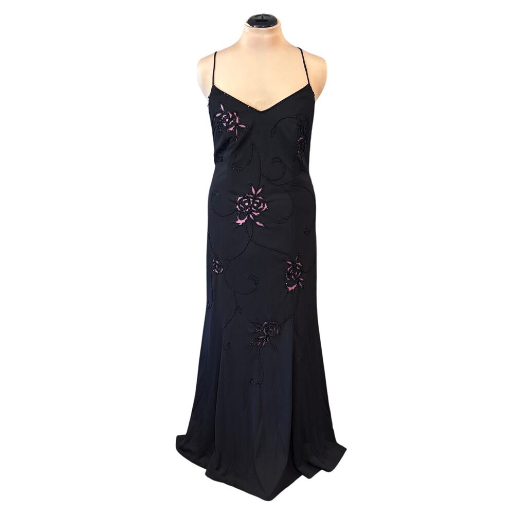 NWT Betsy & Adam Vintage Formal Gown Size 14W Black Overlay Pink Beaded 90s